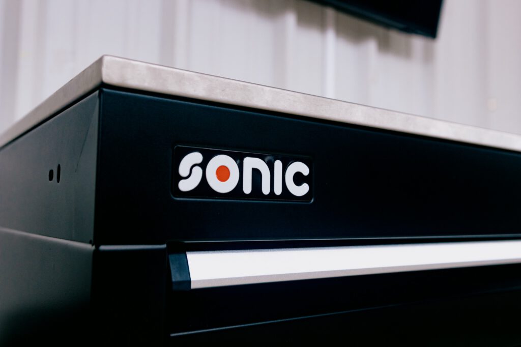 The Sonic badge on a stainless-topped tool chest