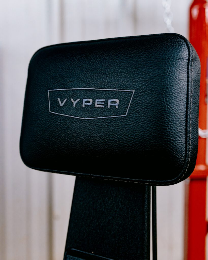 The Vyper logo stitched into the backrest of a mechanic's stool