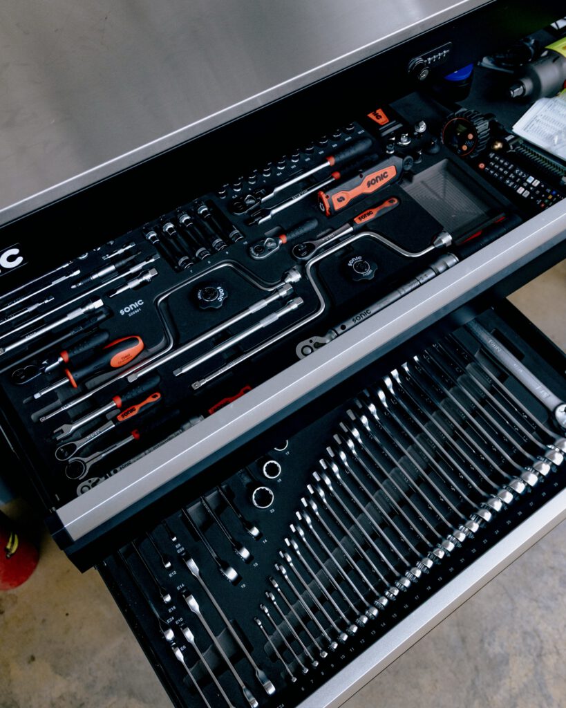Two open Sonic tool chest drawers, every tool in its own cut foam slot